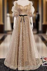 Champagne Sweetheart Tulle Long Evening Prom Dresses, Tulle Formal Dresses